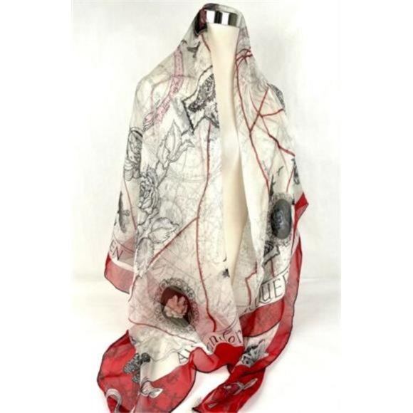 New Alexander McQueen Ivory Silk Red Skull Floral Map Scarf Shawl Authentic - Picture 8 of 9